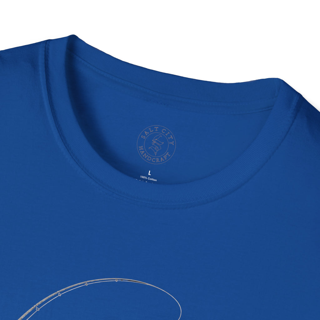 Fly Fishing T-Shirt — Minimal Fly & Rod Illustration