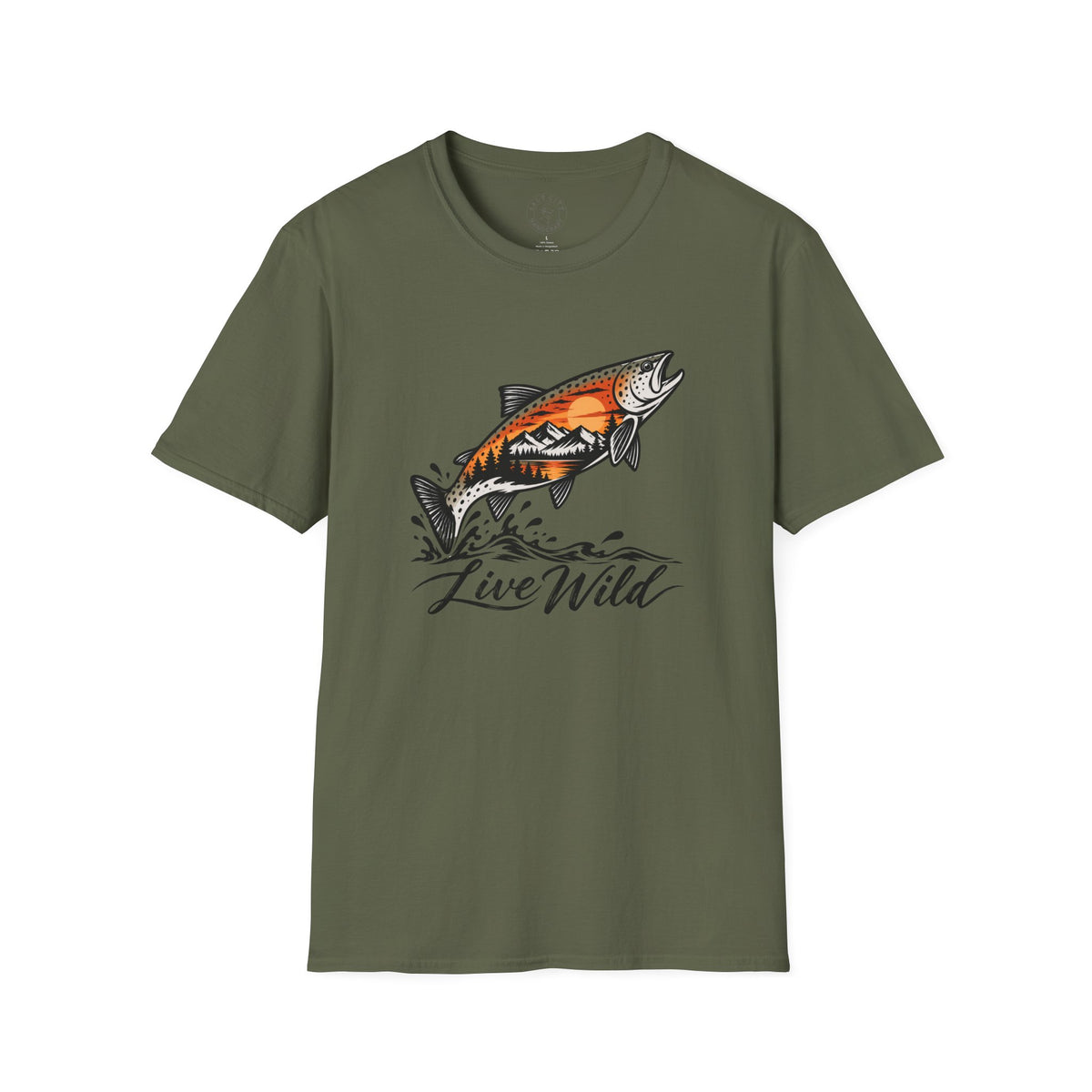 Fishing Salmon T-Shirt — 'Live Wild' Mountain Sunset Fish Tee
