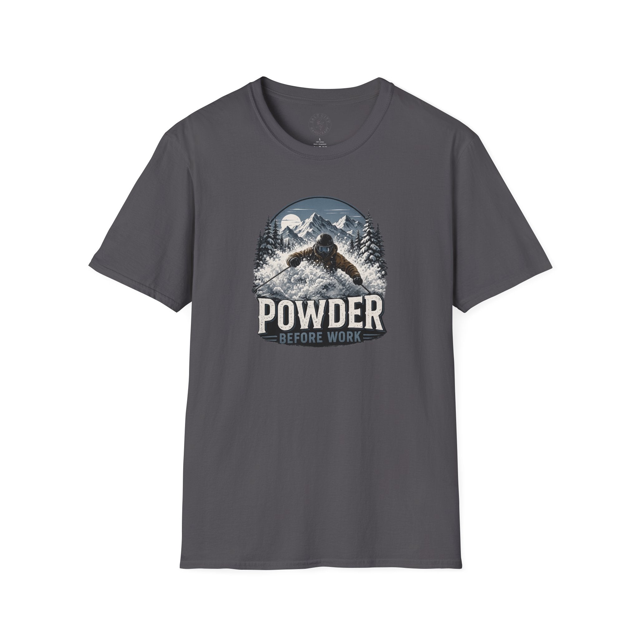 Powder Before Work Ski T-Shirt | Vintage Mountain Snowboarding Tee | Unisex Tee