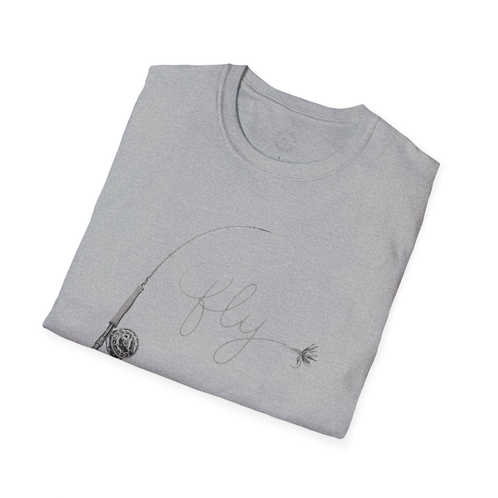 Fly Fishing T-Shirt — Minimal Fly & Rod Illustration