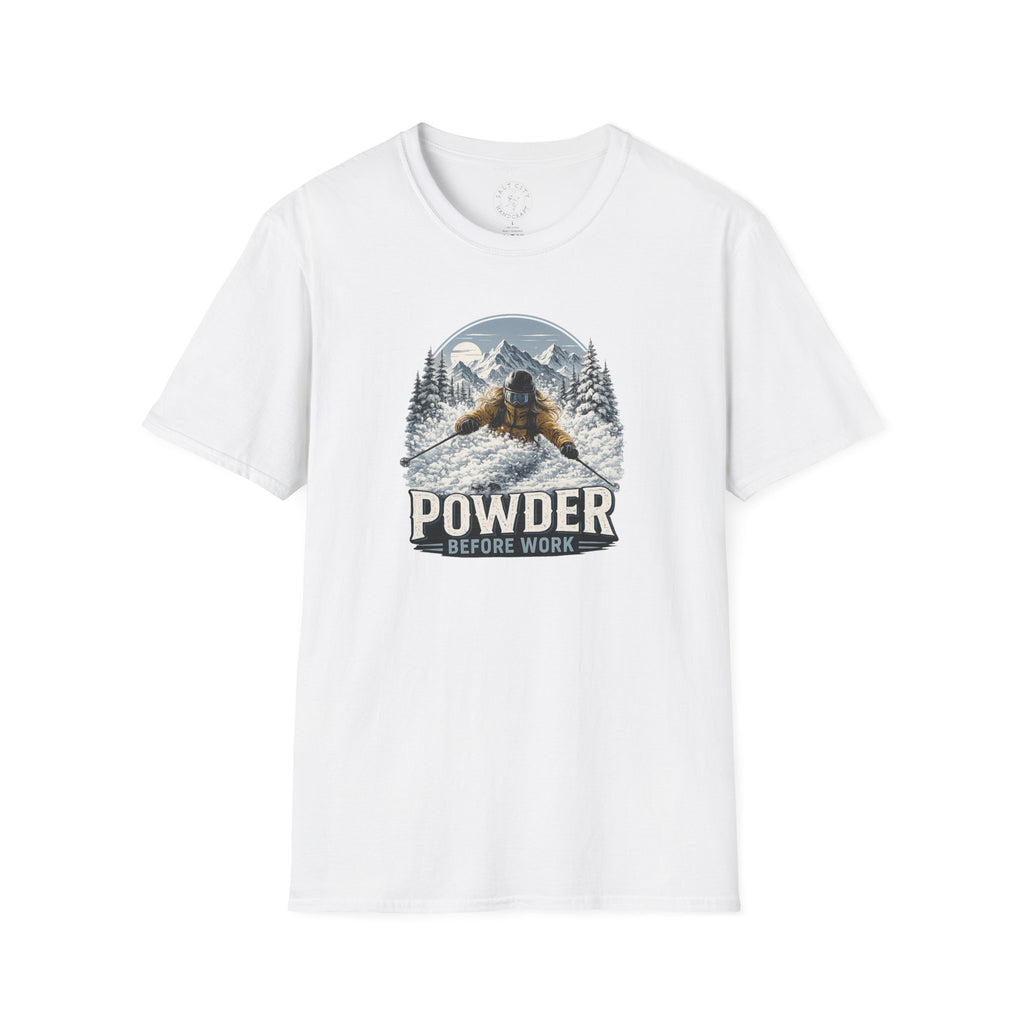 Women's Powder Before Work Ski T-Shirt |  Snowboarding Skiing Mountain Graphic Tee | Unisex Tee