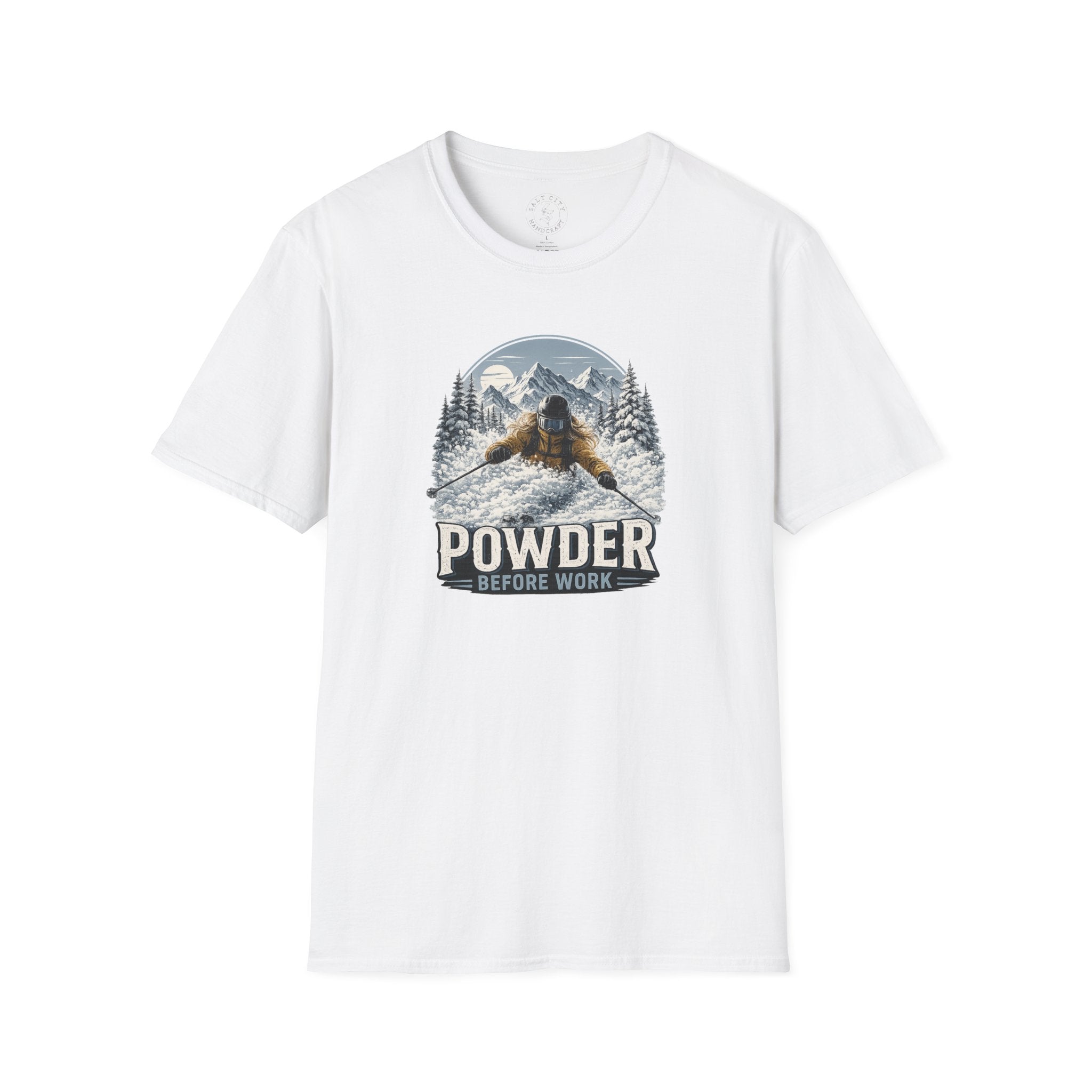 Women's Powder Before Work Ski T-Shirt |  Snowboarding Skiing Mountain Graphic Tee | Unisex Tee