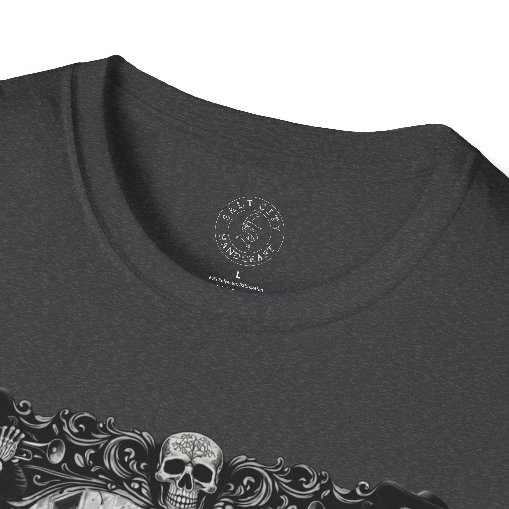 Skeleton Mariachi Band Tee | Ornate Gothic Style Framing | Unisex Softstyle T-Shirt