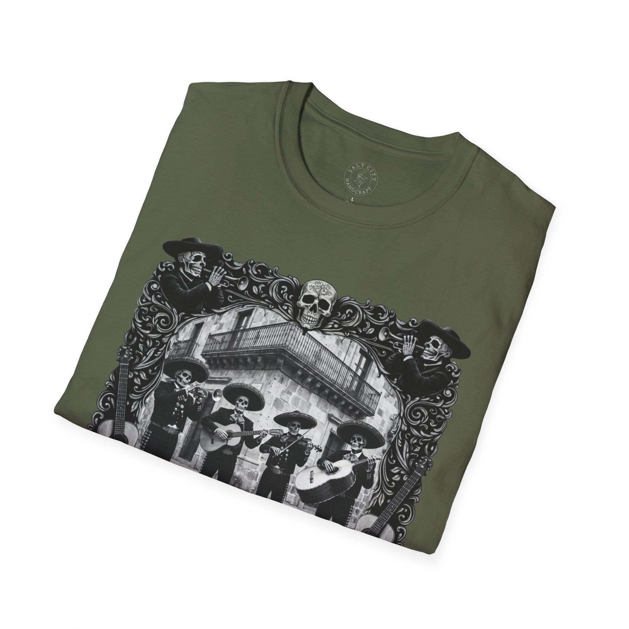 Skeleton Mariachi Band Tee | Ornate Gothic Style Framing | Unisex Softstyle T-Shirt