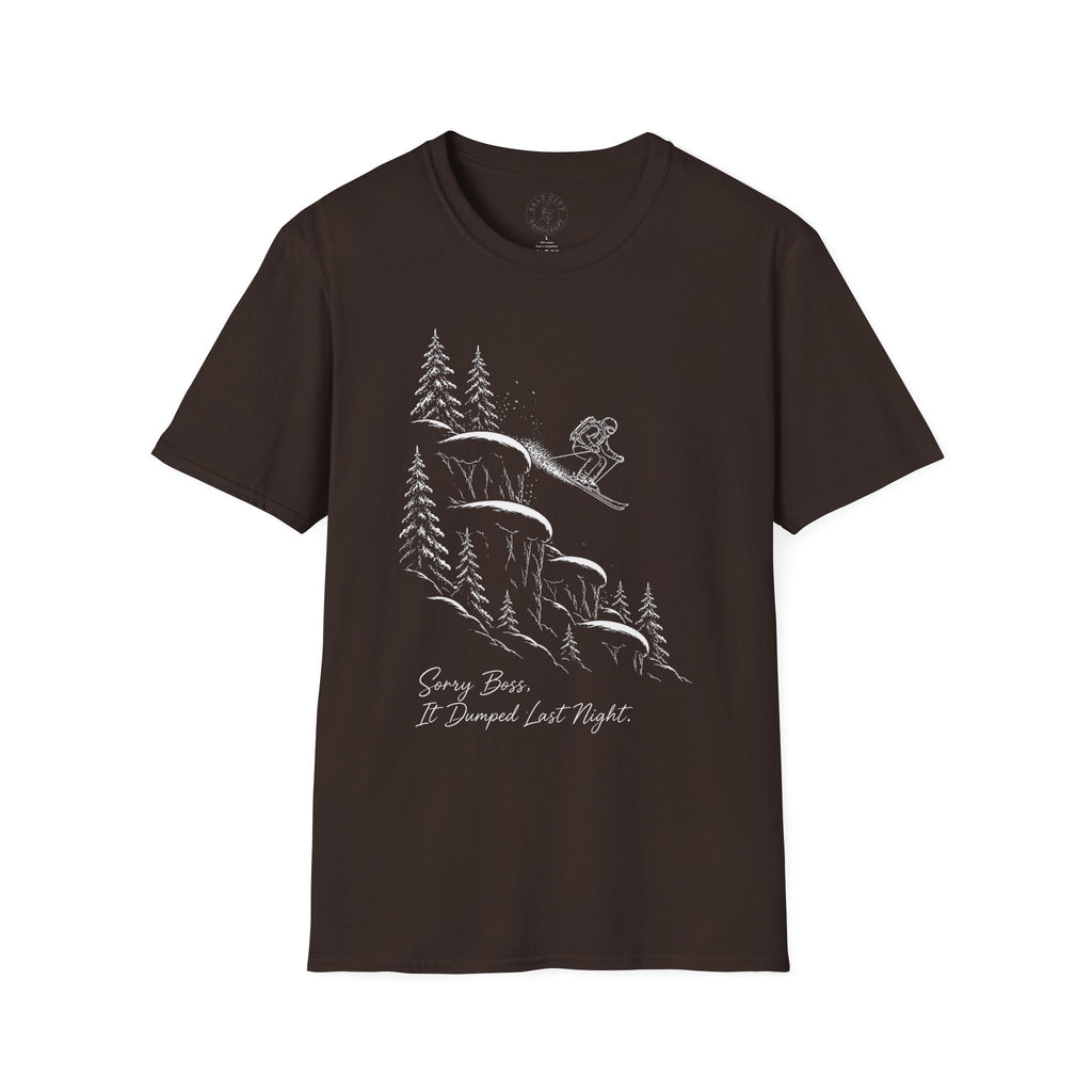 Skiing Cliffside T-Shirt — "Sorry Boss, It Dumped Last Night" Ski Adventure Shirt