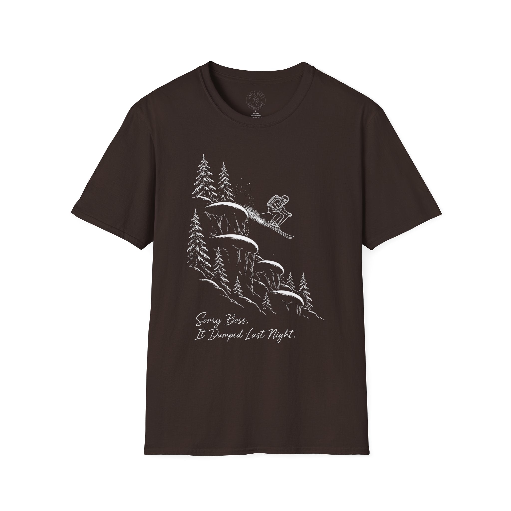 Skiing Cliffside T-Shirt — "Sorry Boss, It Dumped Last Night" Ski Adventure Shirt