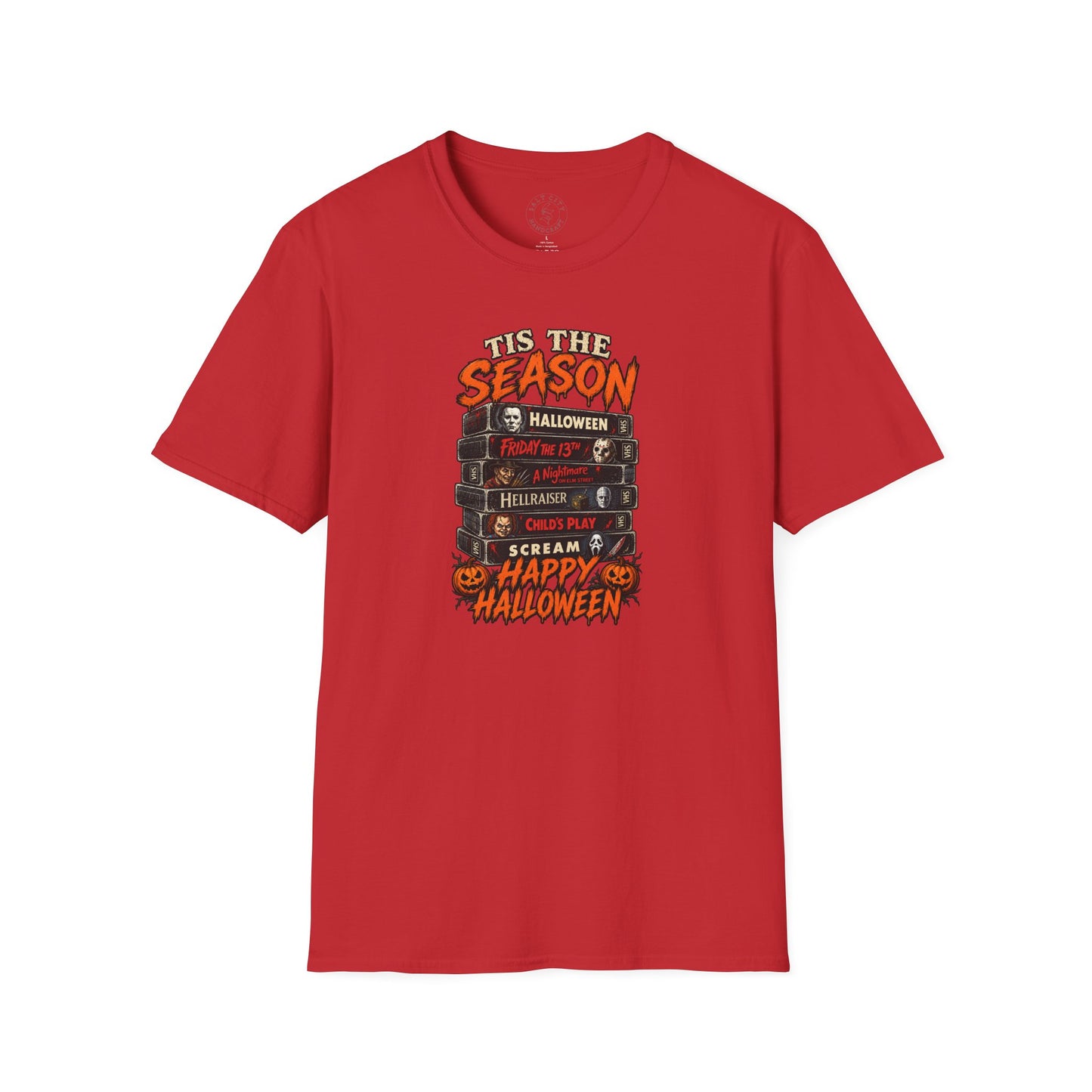 Halloween Horror Stack T‑Shirt — “’Tis The Season” Classic Horror VHS Design