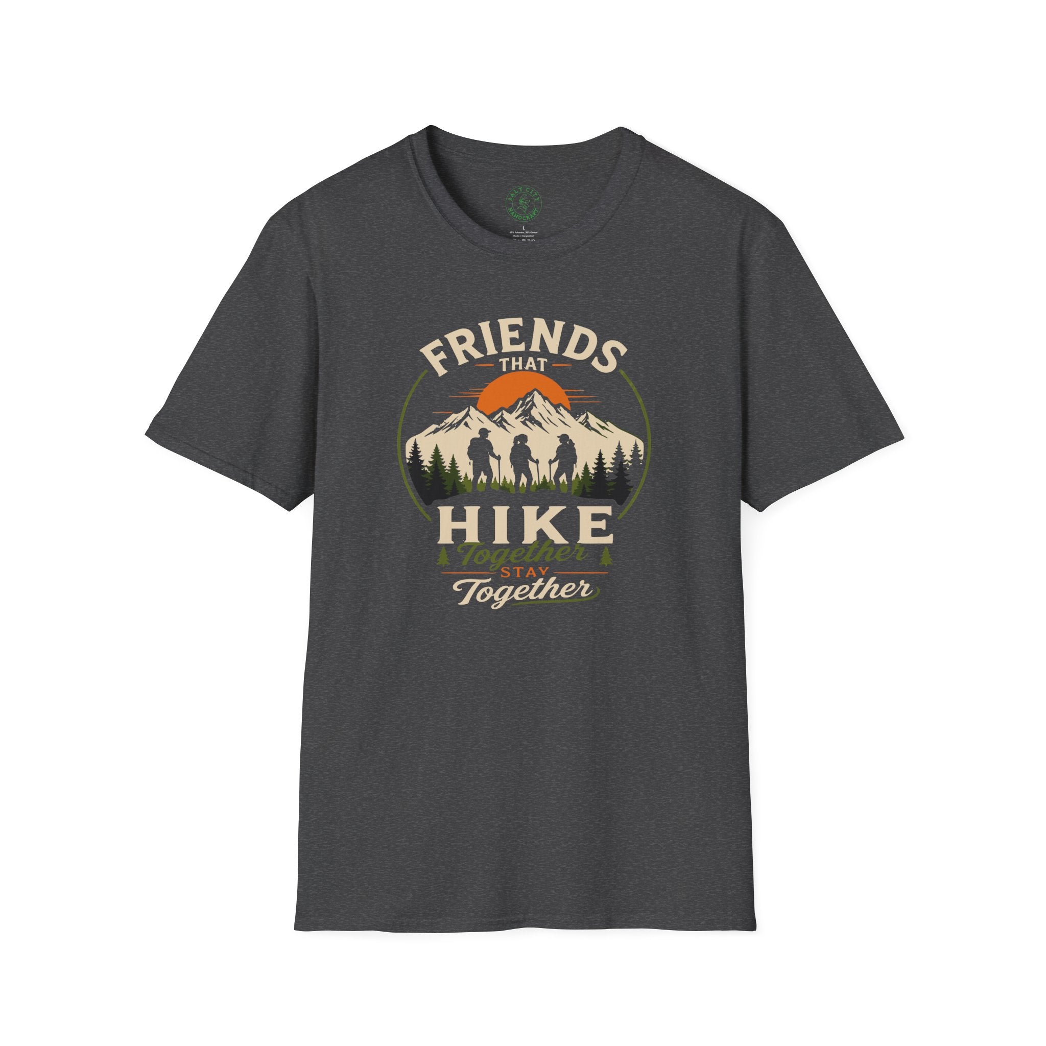 Hiking T-Shirt — "Friends That Hike Together" Retro Mountain Crew Tee