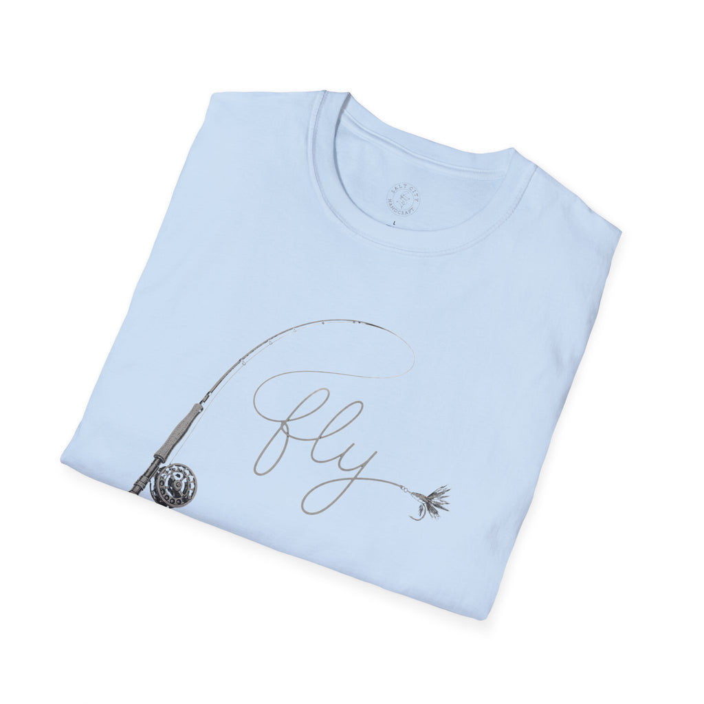 Fly Fishing T-Shirt — Minimal Fly & Rod Illustration