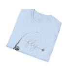 Fly Fishing T-Shirt — Minimal Fly & Rod Illustration