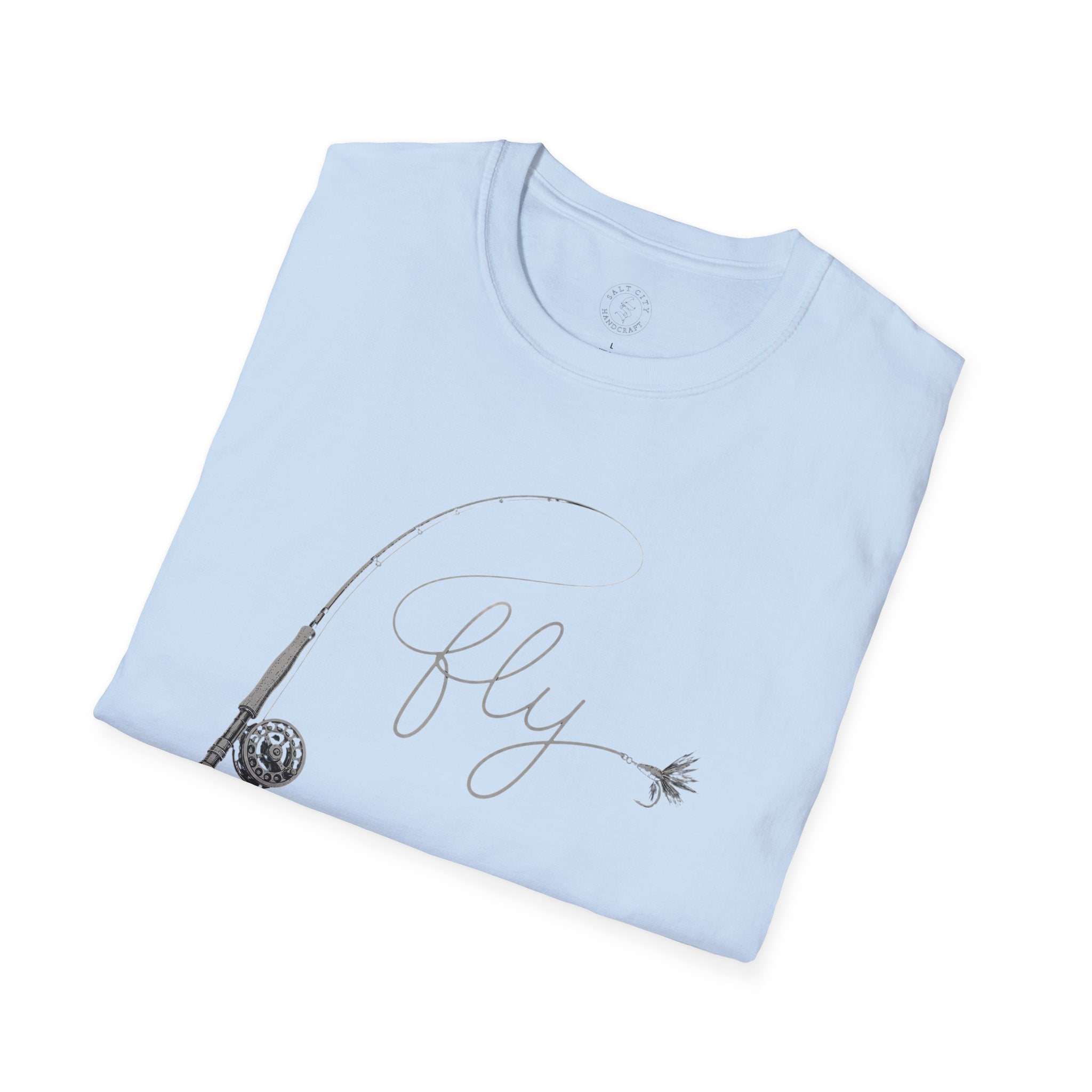 Fly Fishing T-Shirt — Minimal Fly & Rod Illustration