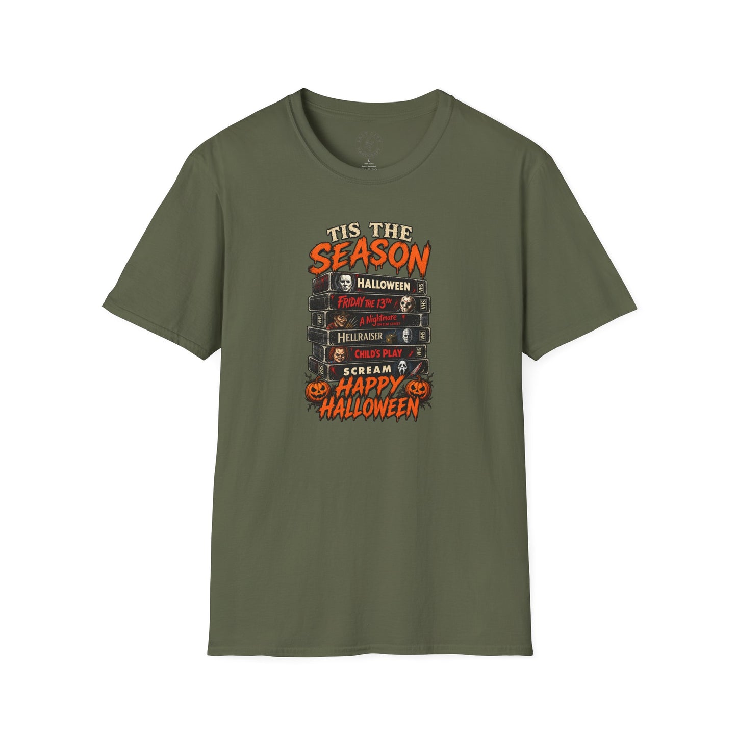 Halloween Horror Stack T‑Shirt — “’Tis The Season” Classic Horror VHS Design