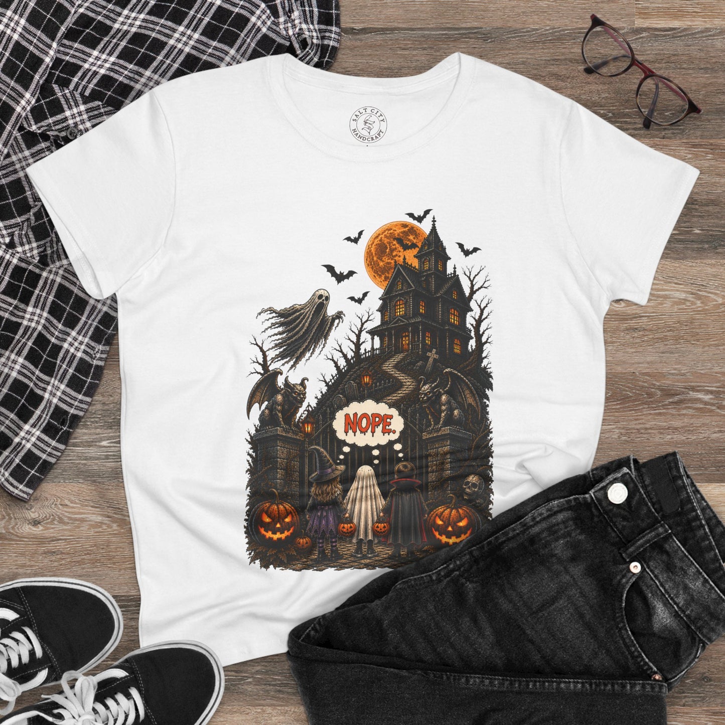Women's Halloween Haunted House T-Shirt — 'Nope' Ghost Kids Pumpkin Tee