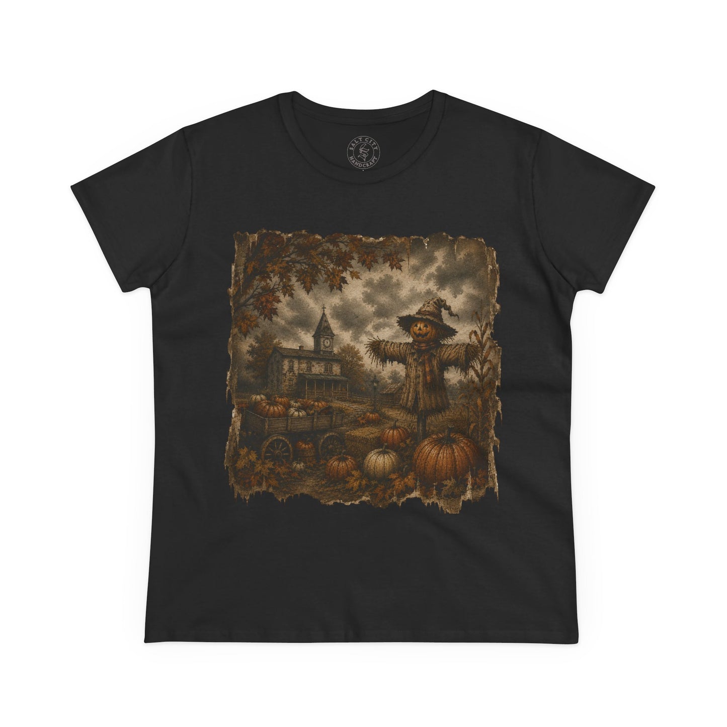 Women's Halloween Pumpkin Patch Tee - Haunted Patch Autumn Graphic Shirt - Faded Design