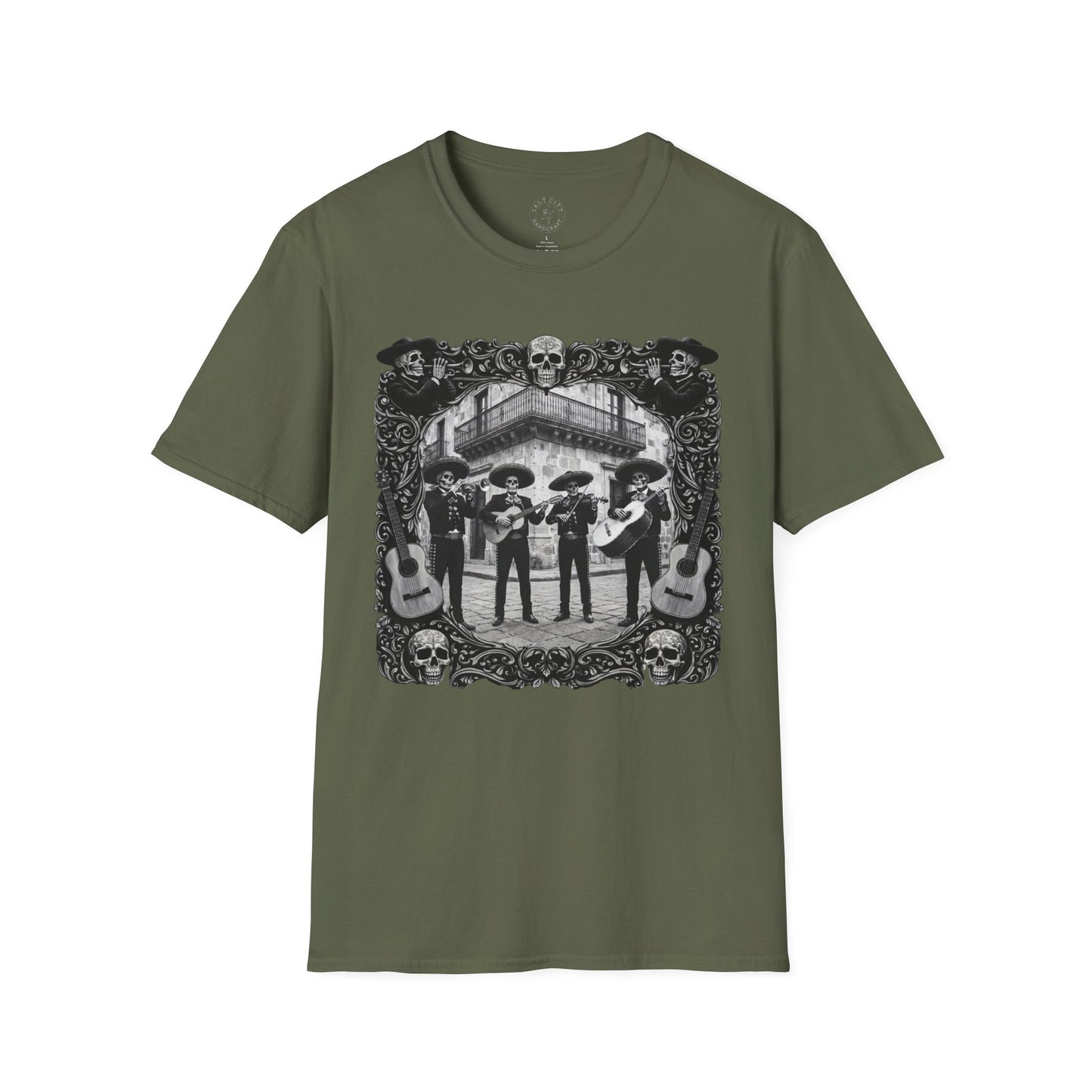 Skeleton Mariachi Band Tee | Ornate Gothic Style Framing | Unisex Softstyle T-Shirt