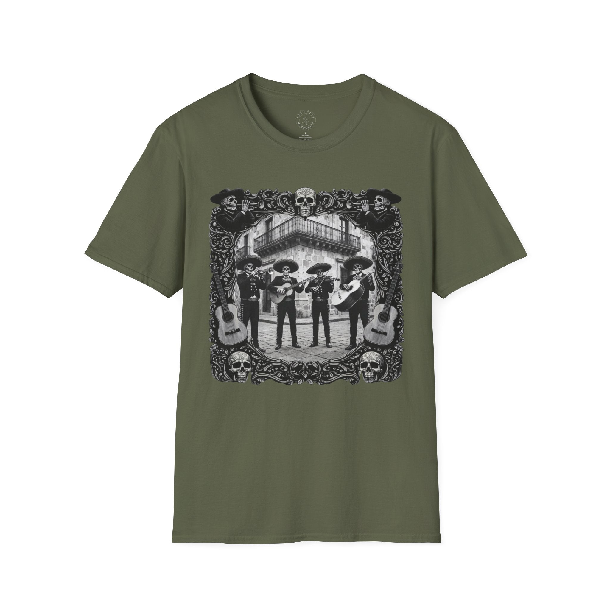 Skeleton Mariachi Band Tee | Ornate Gothic Style Framing | Unisex Softstyle T-Shirt
