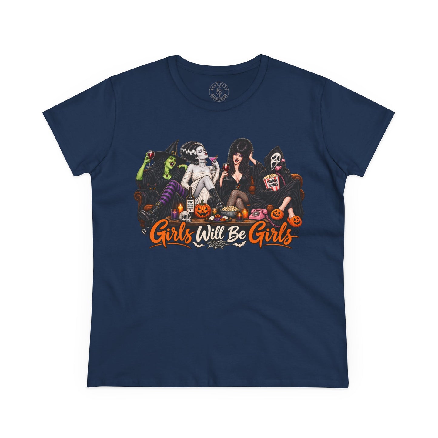 Girls Will Be Girls Halloween Graphic Tee — Retro Horror Shirt for Women