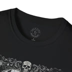 Skeleton Mariachi Band Tee | Ornate Gothic Style Framing | Unisex Softstyle T-Shirt