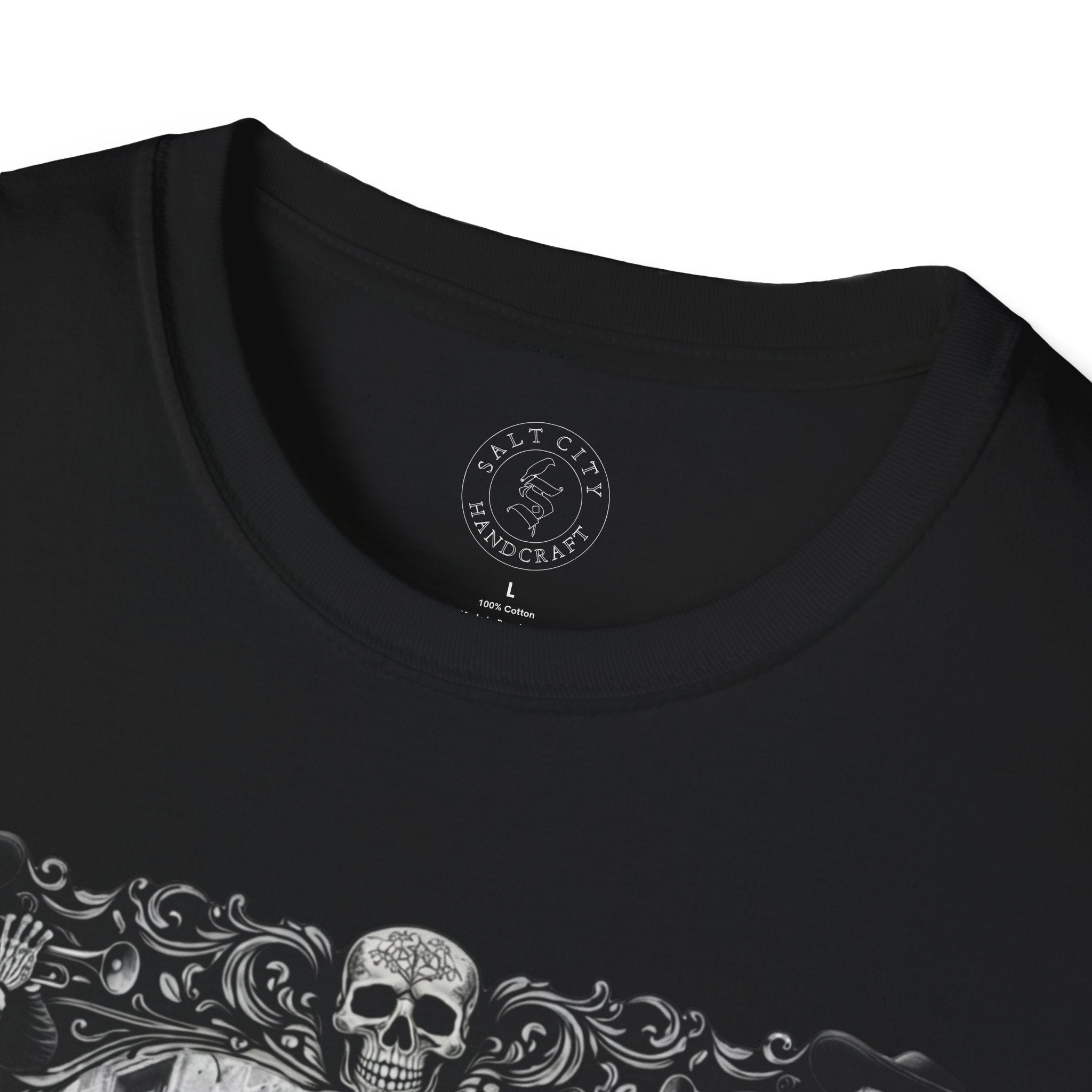Skeleton Mariachi Band Tee | Ornate Gothic Style Framing | Unisex Softstyle T-Shirt