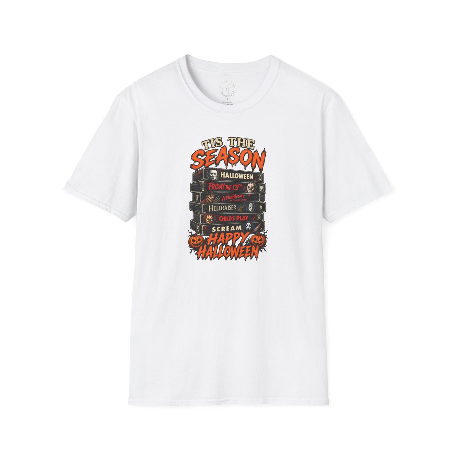 Halloween Horror Stack T‑Shirt — “’Tis The Season” Classic Horror VHS Design