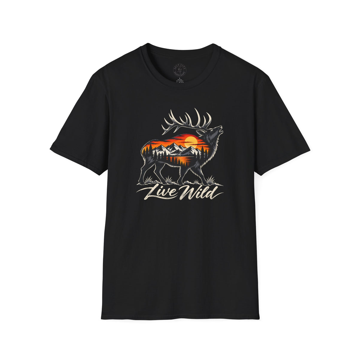 Elk Sunset T-Shirt — “Live Wild” Mountain Nature Graphic Tee